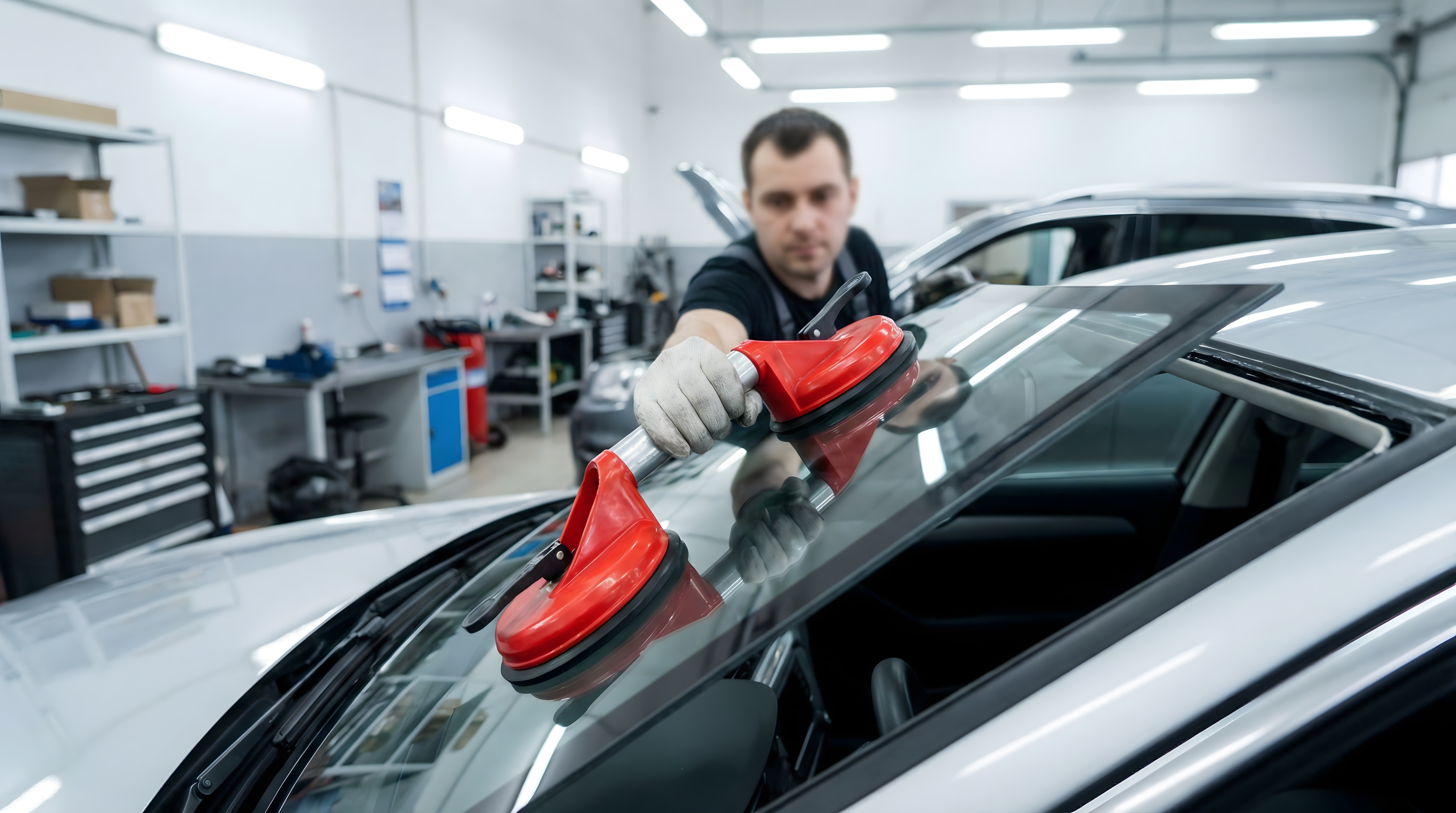 Austausch einer Frontscheibe mit Saugnapfwerkzeug in der Werkstatt