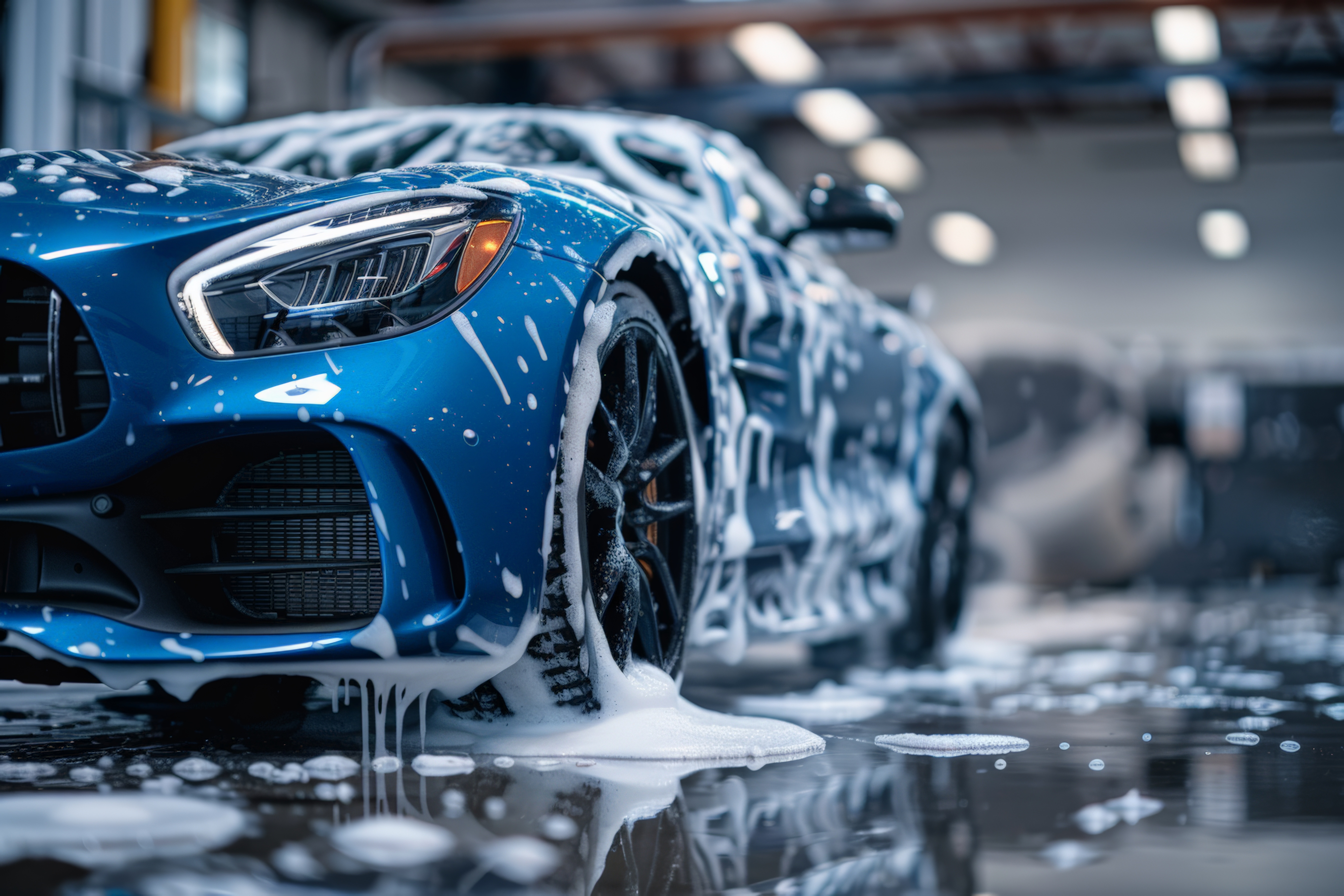 Blauer Sportwagen mit Schaum fuer Politur- und Pflegevorbereitung